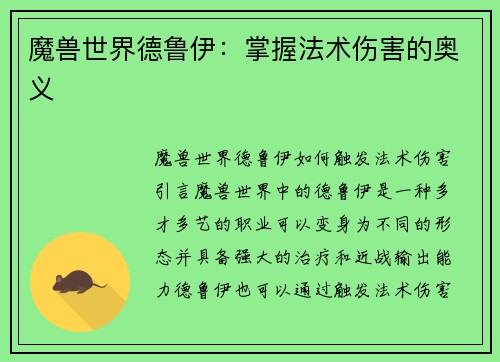 魔兽世界德鲁伊：掌握法术伤害的奥义